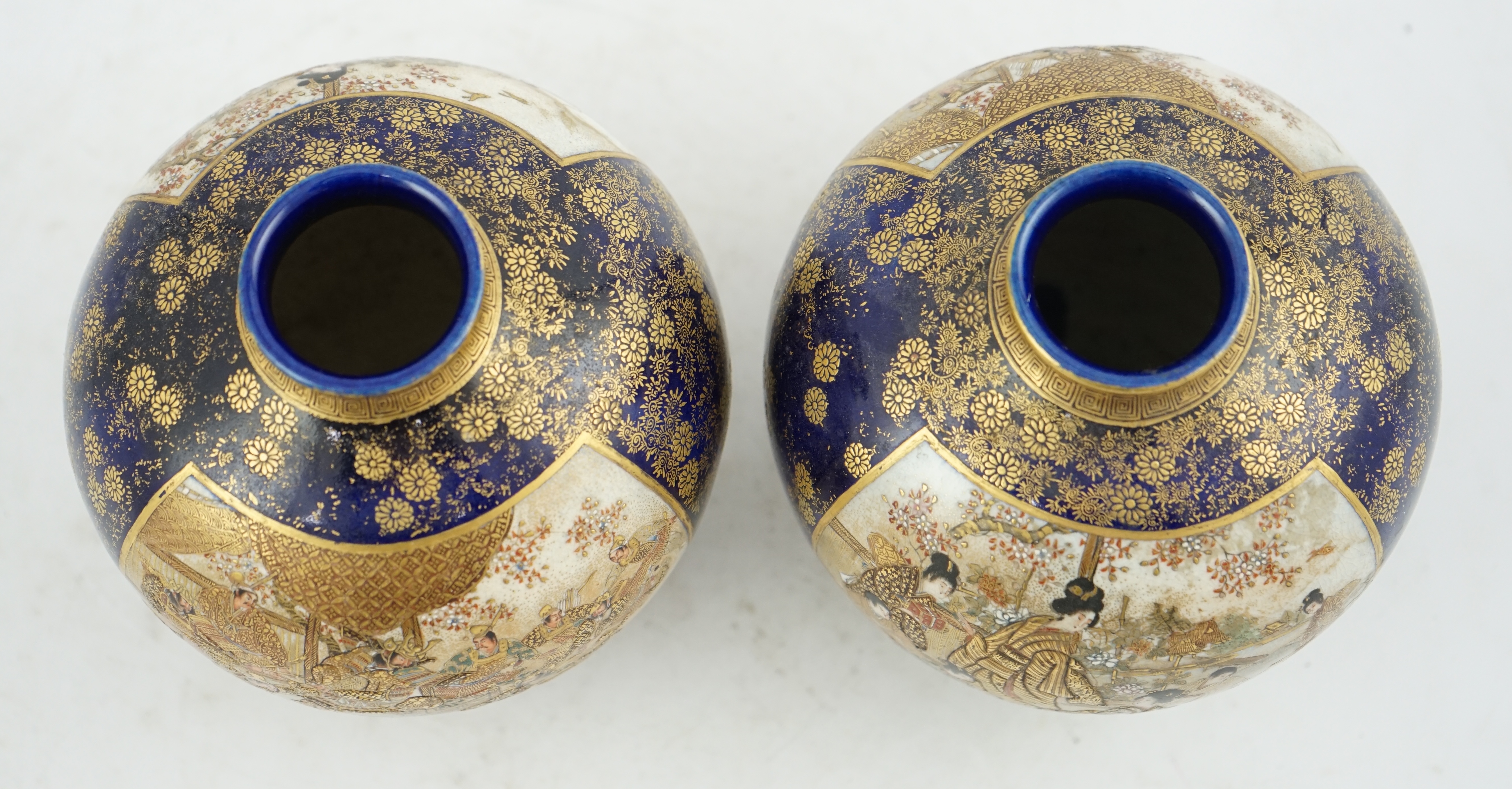 A pair of Japanese Satsuma blue ground globular vases, Meiji period